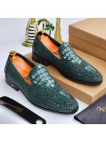 Billionaire Luxury Scale Leather Loafers Shoe - Green 