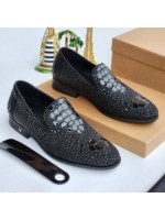 Billionaire Luxury Scale Leather Loafers Shoe - Black 